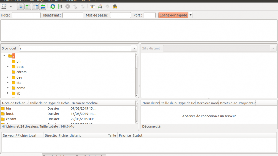 Interface d'accueil de FileZilla