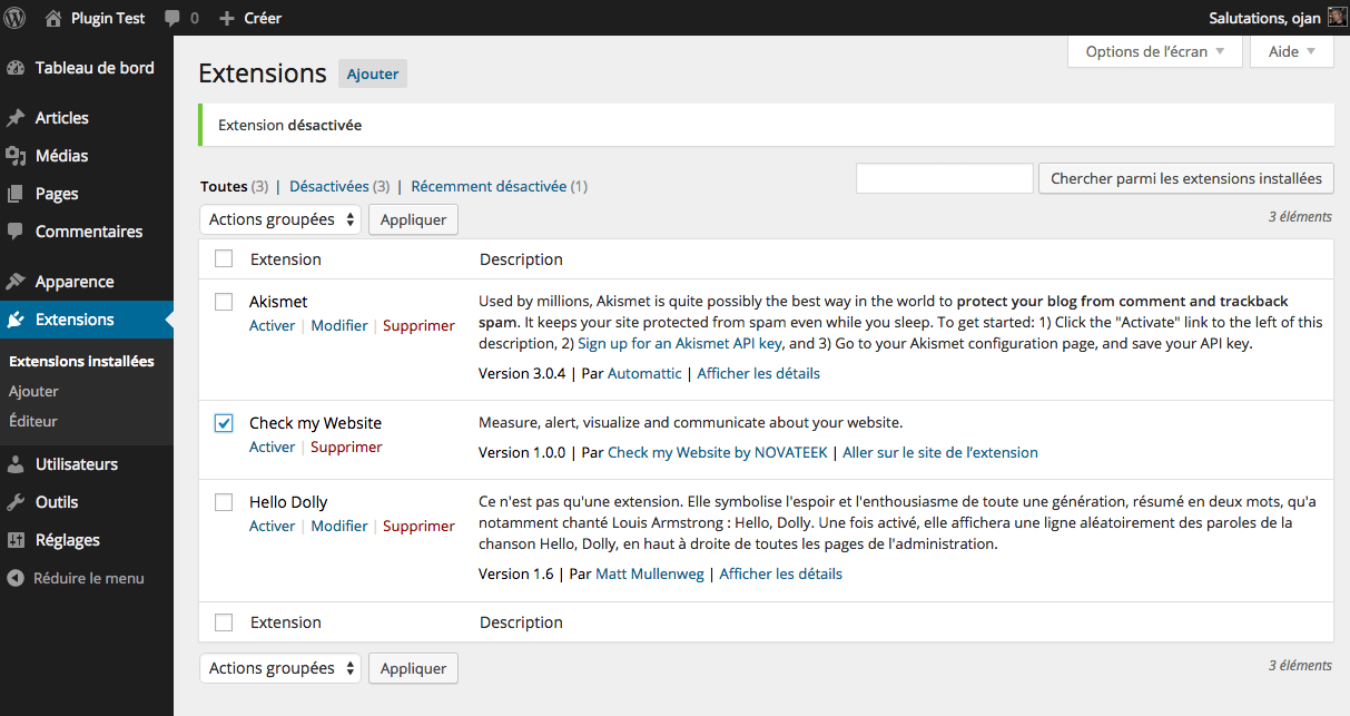 Activation du plugin dans Wordpress