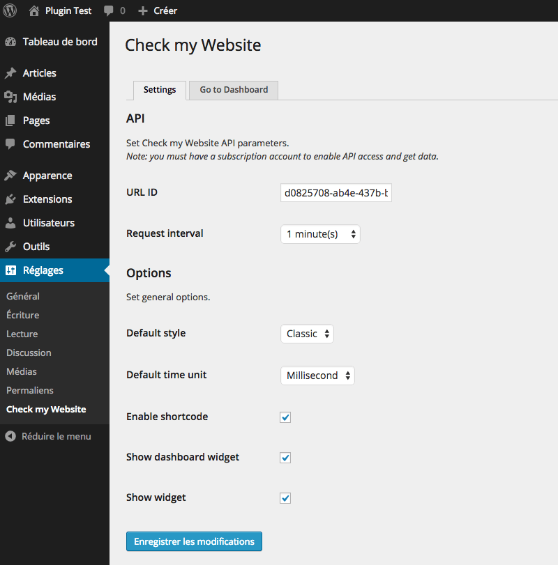 Réglages du plugin dans Wordpress