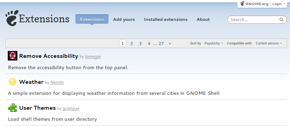 Capture d'écran du site officiel des extensions pour GNOME Shell