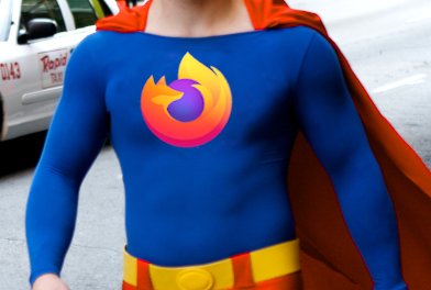 Super heros capé arborant le logo de Firefox sur la poitrine
