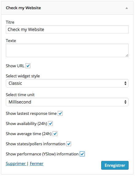 Réglages du widget Check my Website dans Wordpress