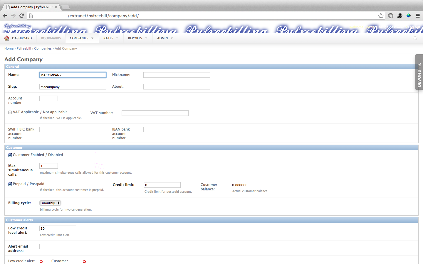 Customer creation - detail 1 - PyFreeBilling