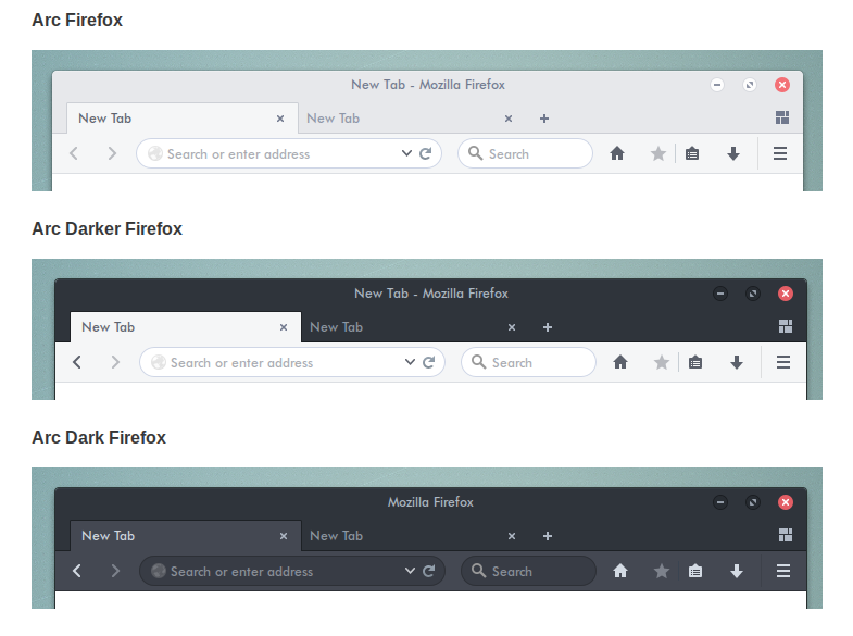 Les trois variantes du thème Arc pour Firefox