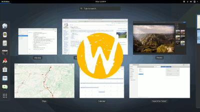 Capture d'écran d'un bureau GNOME avec le logo Wayland en surimpression