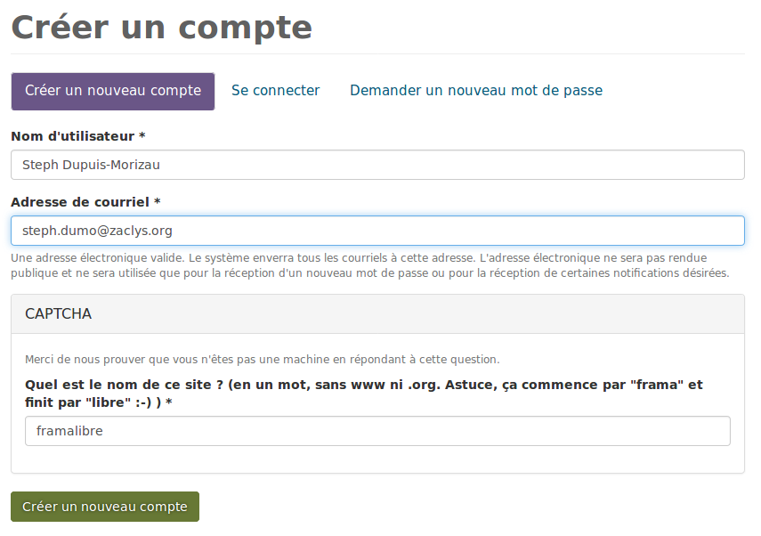 formulaire de création du compte