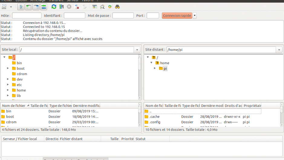 Interface de FileZilla avec connection en SFTP au serveur.