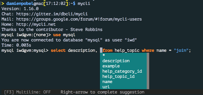 Capture d'écran de mycli dans un terminal