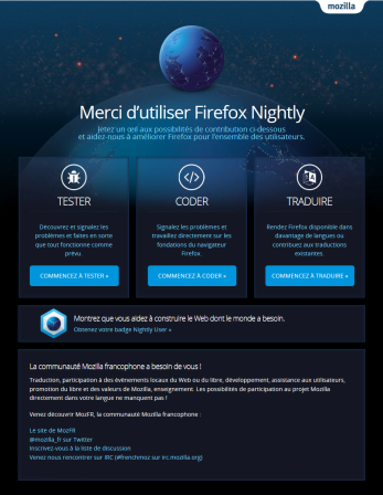 Page d'accueil de Firefox Nightly en français