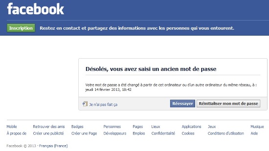 compte facebook inaccessible : mot de passe mauvais