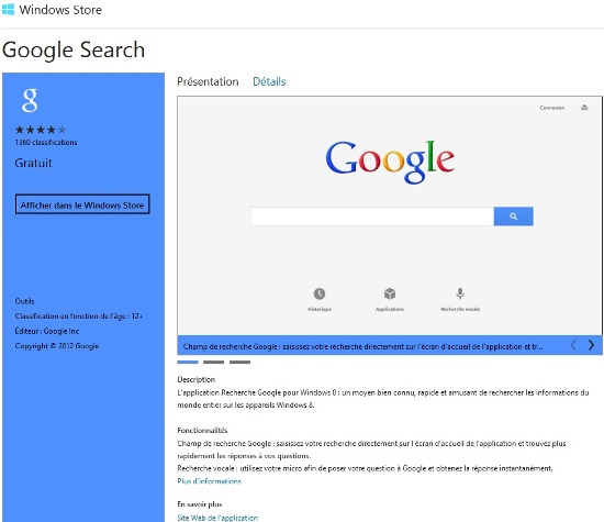 application google search, dans windows strore