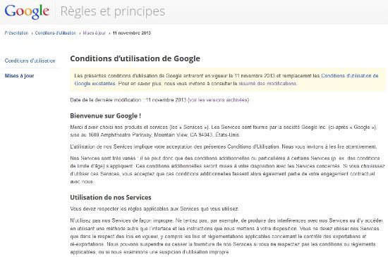 google conditions d'utilisation