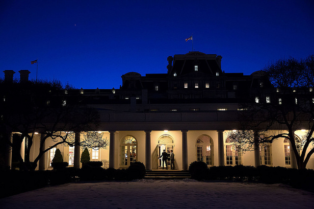 Chuck Kennedy captured this scene at dusk as the President entered the Outer Oval Office with Shaun Donovan." (Official White House by Chuck Kennedy) United States Government Work