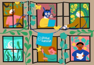 A colorful illustration of a wall of windows, each showing a different figure, including an axolotl and humans engaged in various activities, one wearing a blue luchador mask, and others holding a slender blue line hung with a light blue CC Global Summit banner, all surrounded by butterflies, birds, vines, and flowering plants.