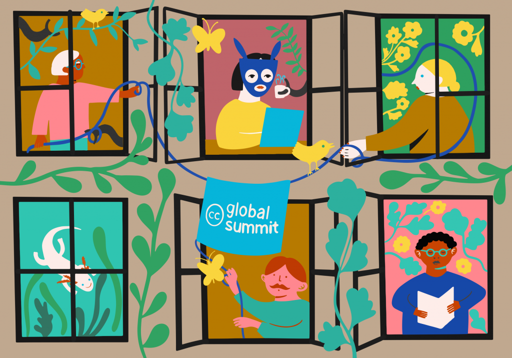 A colorful illustration of a wall of windows, each showing a different figure, including an axolotl and humans engaged in various activities, one wearing a blue luchador mask, and others holding a slender blue line hung with a light blue CC Global Summit banner, all surrounded by butterflies, birds, vines, and flowering plants.
