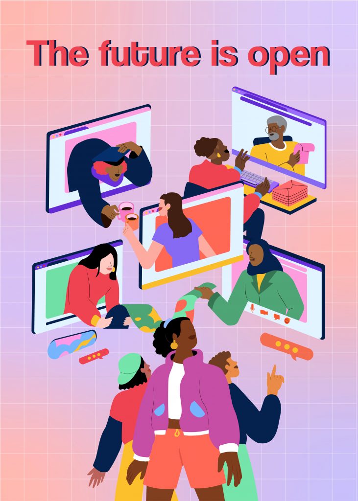 An illustration of diverse people leaning out of computer screens collaborating and sharing as another group of people watches with interest, all on a pink background with the text: The future is open.