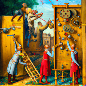 Generated by AI: A brightly colorful painting in the style of Hieronymus Bosch showing vaguely human figures climbing on and attending to a wooden Medieval-looking Rube Goldberg contraption involving wheels, levers, and spheres.