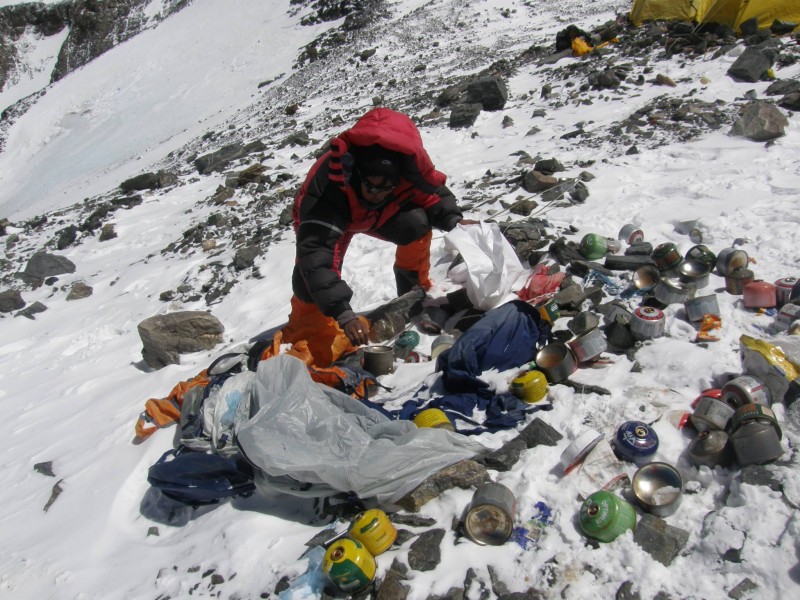 Collecting garbage at Camp 4. Used with permission.