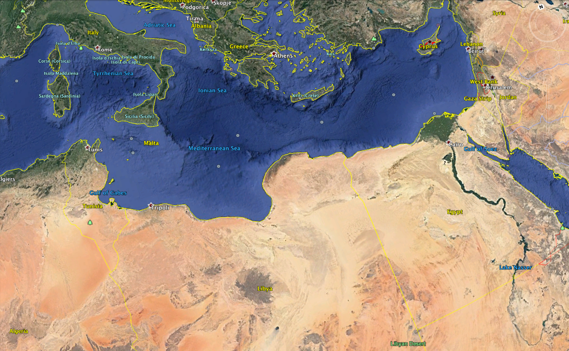 Capture d'écran montrant l'Italie (en haut à gauche), la Libye (centre) et l'Égypte (centre droit). Source: Google Earth