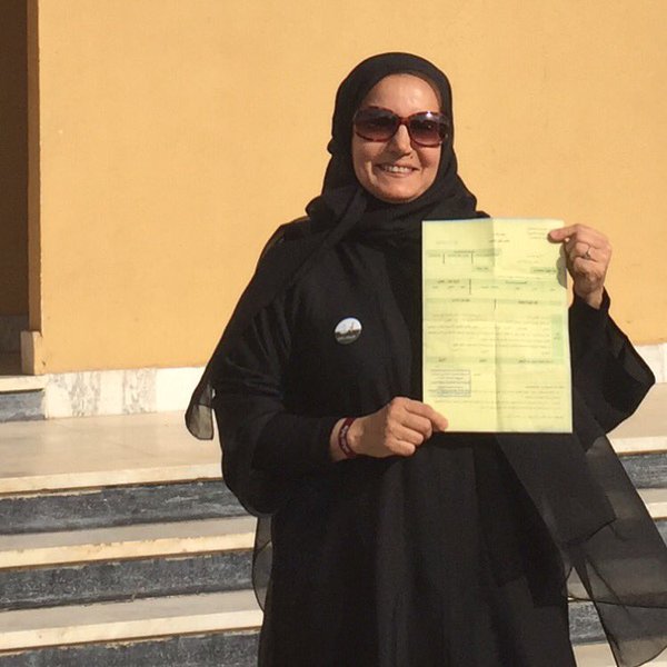Saudi Fawzia Al Rashid posts this photograph of herself on Twitter @fawziaalrashid after taking part in the municipal elections, which allowed Saudi women to nominate themselves and vote for the first time 