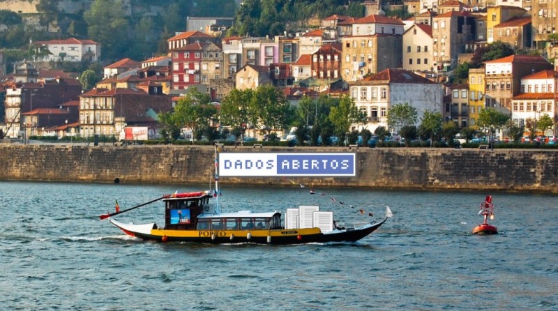 A typical rabelo boat from Porto carrying the open data flag for the #OpenDataDay. Banner by Transparência Hackday.