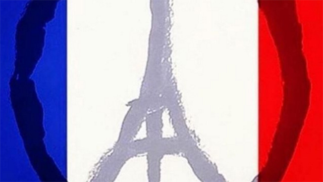 Le signe de paix adapté à la suite des attentats à Paris (conception initiale par Jean Julien) - via twitter - Domaine public