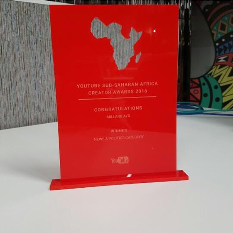 Award for Tanzanian journalist Millard Ayo. Image shared on his Twitter page @millardayo.