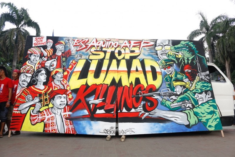 When displaced Lumad groups arrived in Manila in 2015, Ang Gerilya was among the artists who showed their support by painting this mural which highlights the call to stop the militarization of ethnic communities in Mindanao. Photo from Manila Today