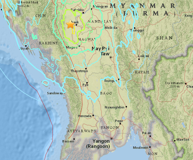 Un séisme de magnitude 6,8 a frappé le Myanmar le 24 aout. Image montrant l'épicentre et l'ampleur du tremblement de terre sur le site de l'US Geological Survey