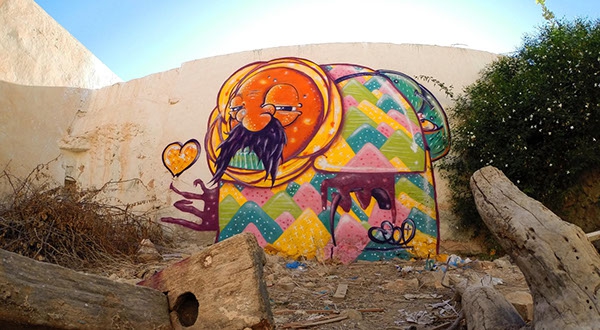 "Does age matter when it comes to love?" A mural for the Djerbahood project in the village of Erriadh, Djerba, Tunisia 2014. Credit: Photo courtesy of Vajo