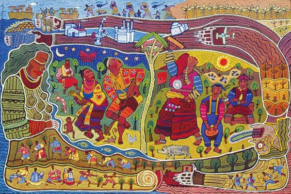 'Mandayuman' is a lumad Mandaya term for where people live. A mini mural showing two major rituals of two different groups. Right part are the Lumad Mandaya (Balilig) and on the left are the Lumad Matigsalog (Panubad tubad). Artwork by  Federico Boyd Sulapas Dominguez, reposted with permission