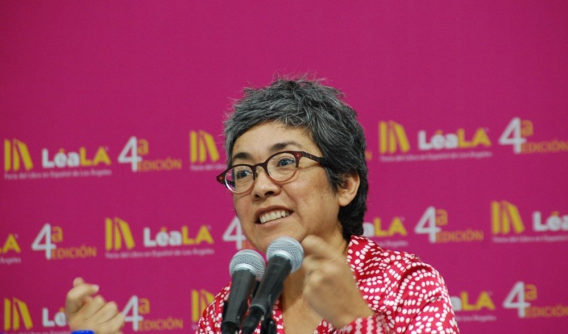 Mexican author Cristina Rivera Garza speaking to a panel at the 2015 LéaLA Spanish-language book fair in Los Angeles. Credit: Betto Arcos. Published with PRI's permission