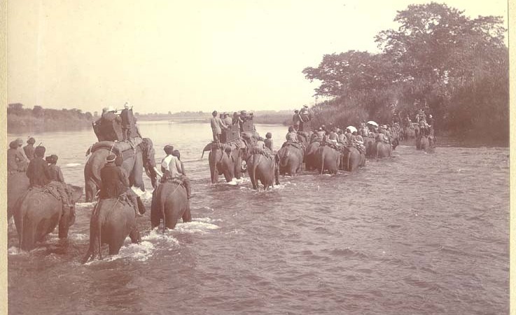 Hunting party on elephants crossing a river. 