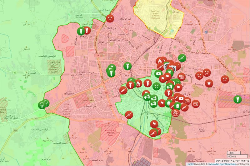 Syria liveuamap of Aleppo depicting verified events on December 7, 2016, as Aleppo was falling. Liveuamap is an "opendata-driven media platform" that tracks events in conflict by time, location and type. http://syria.liveuamap.com/en/time/07.12.2016
