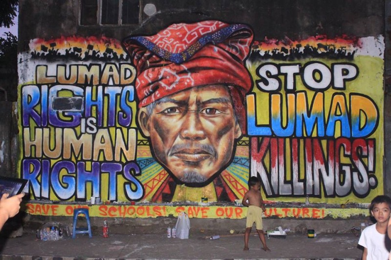 A wall was transformed into a mural echoing the call of human rights groups to stop the militarization of Lumad schools. The Lumad are indigenous peoples in Mindanao, located in the southern part of the Philippines. Photo from the Facebook page of Sim Tolentino