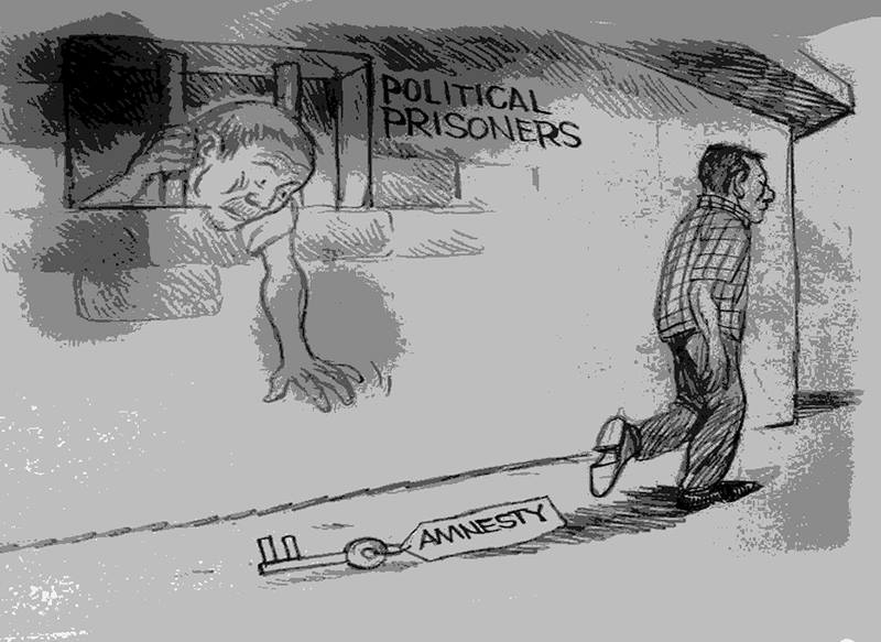 Cartoon about the situation of political prisoners by Leonilo Doloricon. Source: Facebook