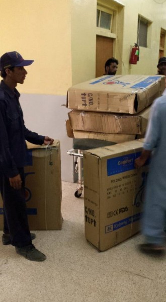 Five wheelchairs being delivered to Jinnah Hospital in Karachi. Photo from Junaid Akram's Facebook page. 