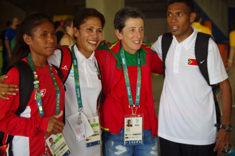 Timor Leste's Olympic athletes pose with an athlete from Portugal (second from right). Photo from Francelina Cabral