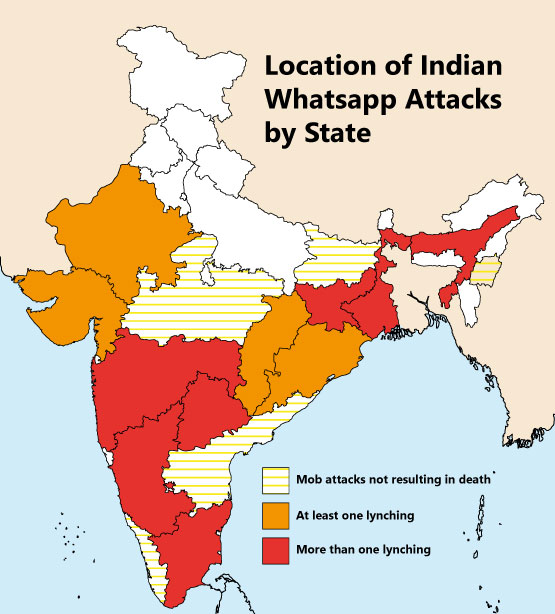 Mapping reports of Whatsapp instigated lynchings in India till July 2018.