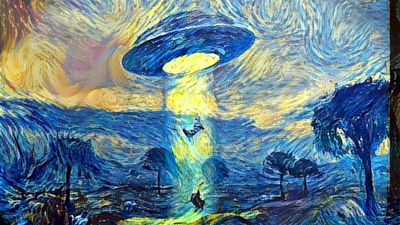 A sci-fi UFO landscape, styled after Van Gogh? Why not. Image from ostagram.ru.