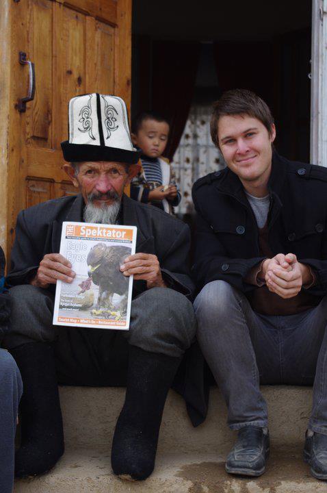 Sary the eagle hunter, who was regularly fetured in KeenonKyrgyzstan, holds a copy of the Spektator, a Bishkek-based tourism magazine.