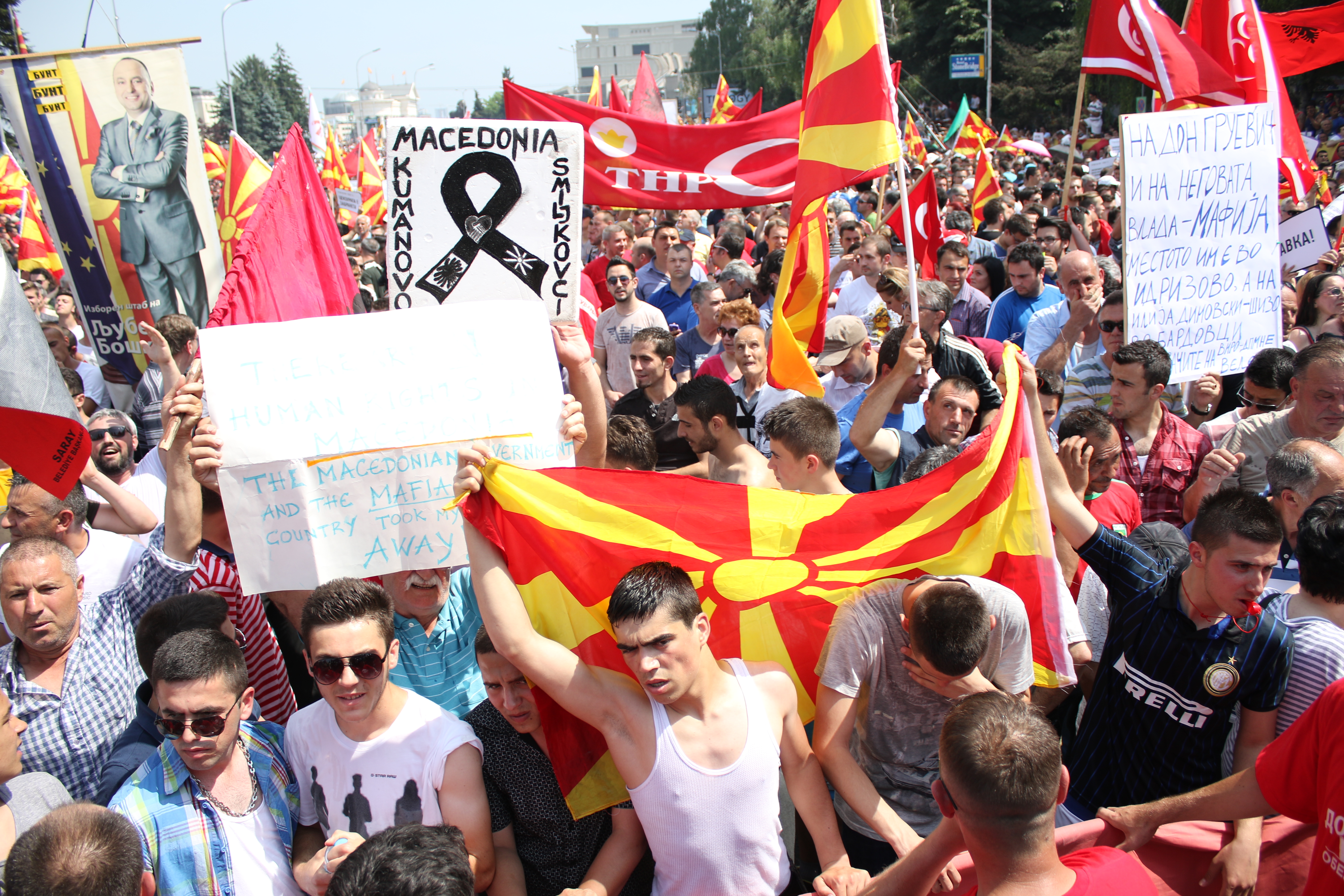 Skopje, Macedonia. 17th May 2015 -- Tens of thousands of protesters take to the streets of Macedonia's capital on Sunday, waving Macedonian and Albanian flags and calling for the government to resign. Photo by Aitor Sáez. Copyright Demotix
