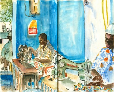 Diallo et Mamadou, tailors in Nouakchott. Sketch by Isabel Fiadeiro.