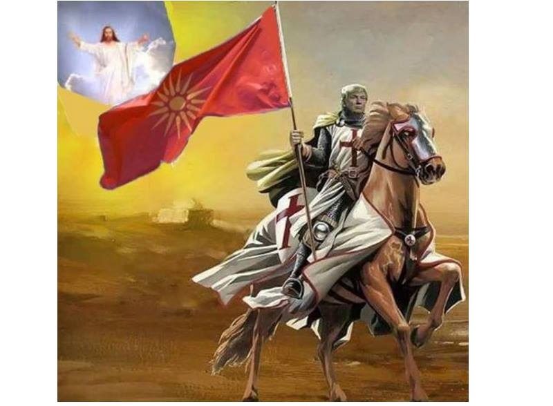 Widely shared photo-montage by unknown author presenting Donald Trump as a Crusader carrying the old Macedonian flag. 