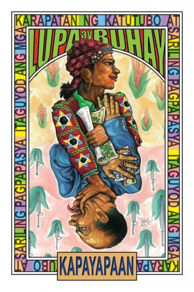 "Lupa ay Buhay" means "Land is Life". "Kapayapaan" means Peace. The text at the borders of the painting reads: Respect the rights of indigenous peoples and their right to self-determination. Painting by  Federico Boyd Sulapas Dominguez, reposted with permission.