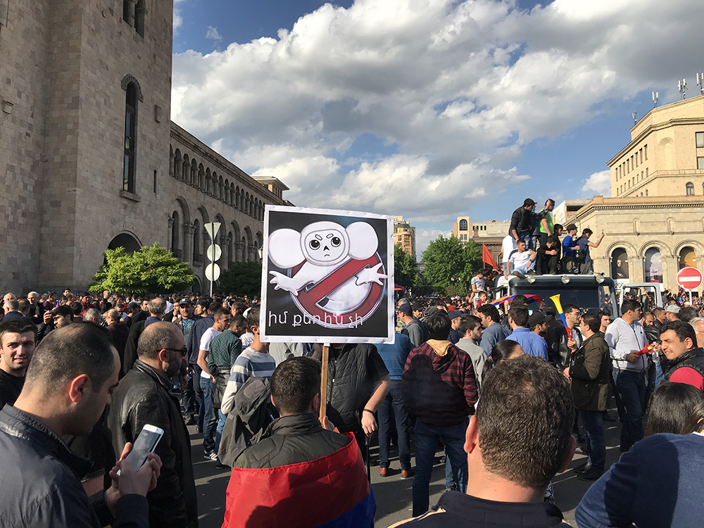 revelers take to the streets of Yerevan after Sargsyan resigns on April 23
