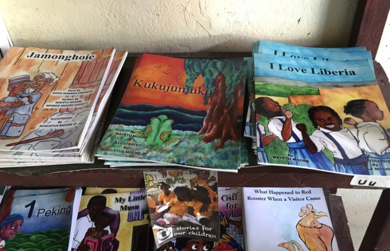 Some of the titles in One Moore Book's series for Liberian children. Credit: Prue Clarke. Used with PRI's permission