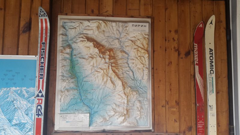 Map, Pirin National Park, Pirin, Bulgaria, raised-relief map, wall, skis