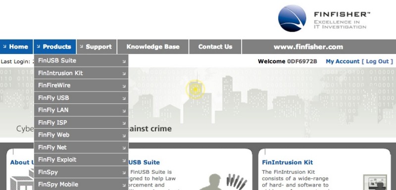 Screen capture of FinFisher homepage.