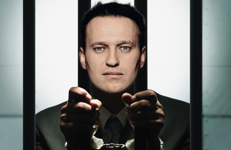 Alexey Navalny speaks from confinement. An artist's depiction.
